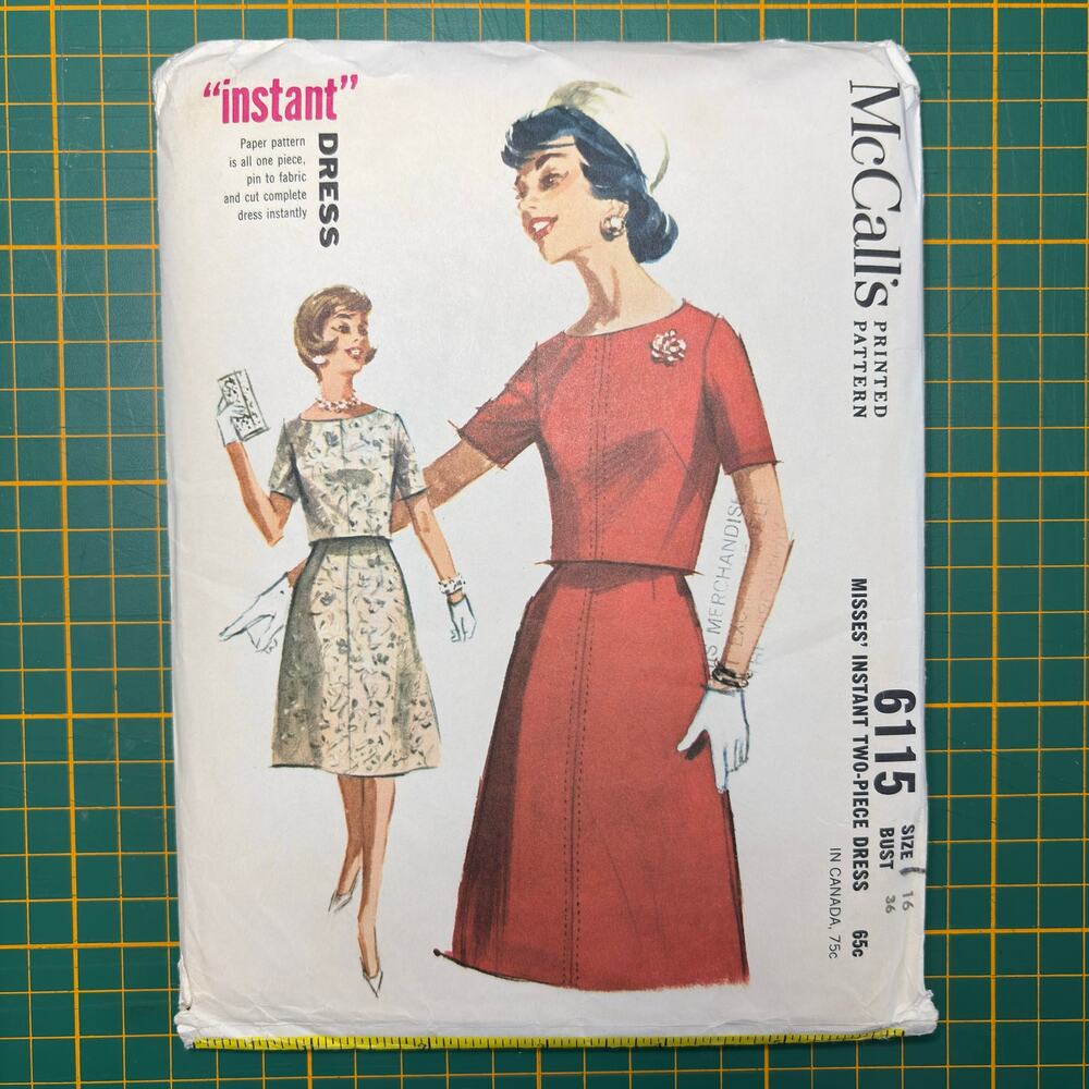 Vtg 1961 McCall's 6115 Sewing Pattern Misses Instant Two-Piece Dress Size 16 UC